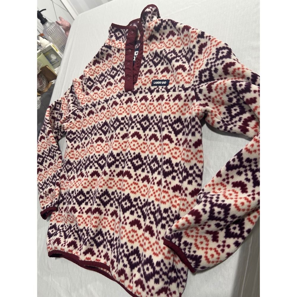 Lands End Fleece Pullover Snap Mock Neck Fair Isle Geometric Burgundy Orange S